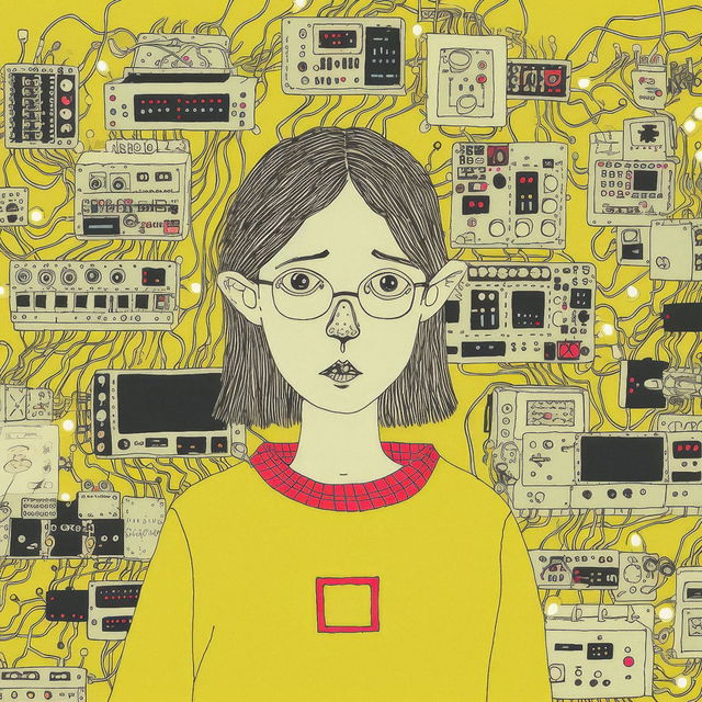 Tech genius teenage girl amid electronics, in a quirky yellow line drawing with red accents
