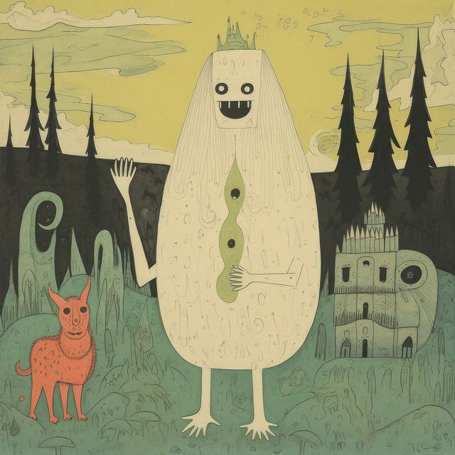 Chernobog with a red dog and castle in a whimsical hand-drawn forest, muted olive palette