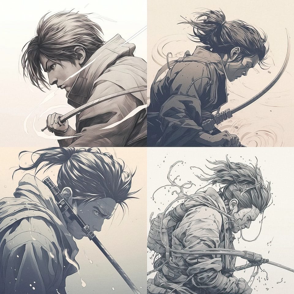 Four anime-style swordsmen wielding blades in monochrome ink illustrations with soft light