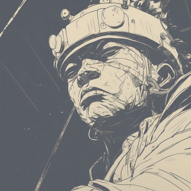 Close-up cyberpunk samurai portrait in manga pencil linework, monochrome palette, dramatic shadows