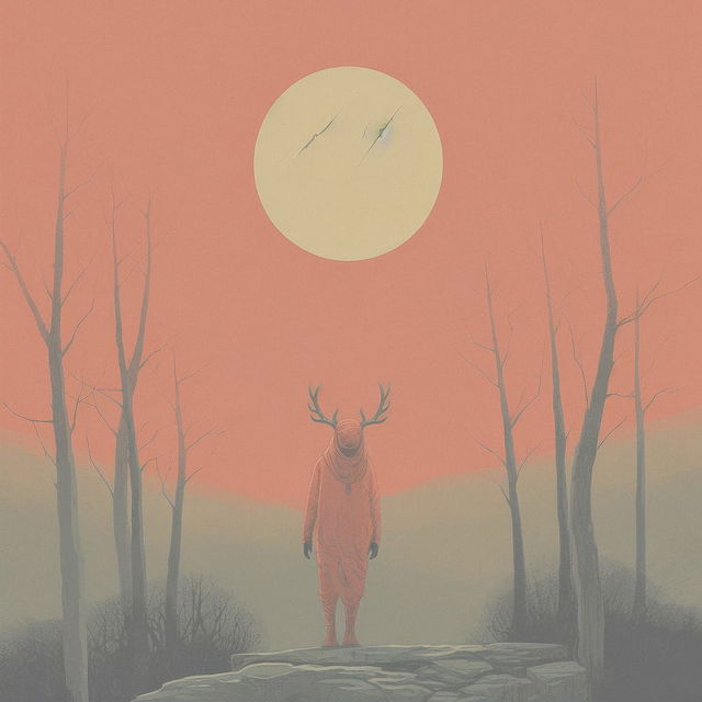 Chernobog in a misty dead forest, muted coral palette and hazy moonlit digital illustration