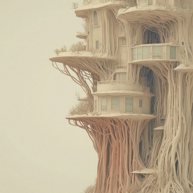 Organic high-rise architecture with root-like forms, rendered in soft beige tones and diffuse light