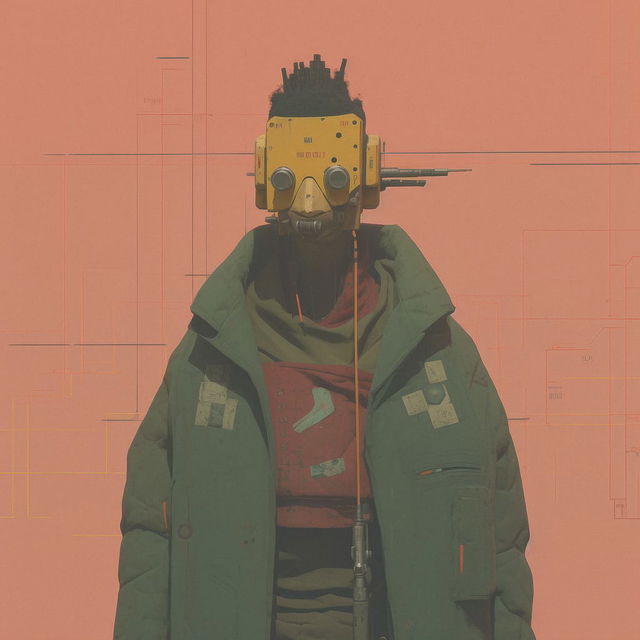 Cyberpunk character in a muted retro-futurist digital illustration with dusty coral lighting