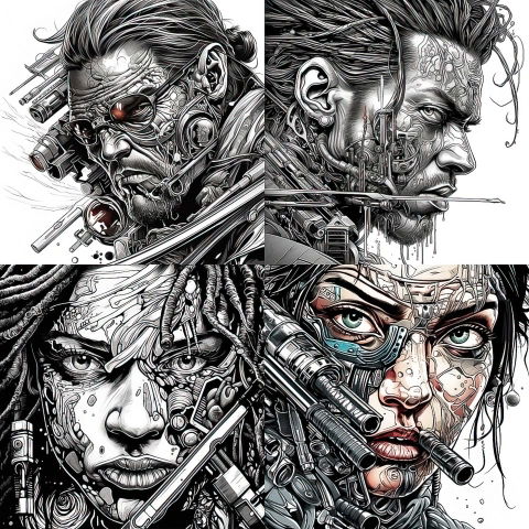 Four cybernetic human portraits in detailed black-and-white line art with muted red and teal accents