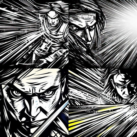 Four intense comic-book faces with radiating speed lines in stark black, white, and yellow