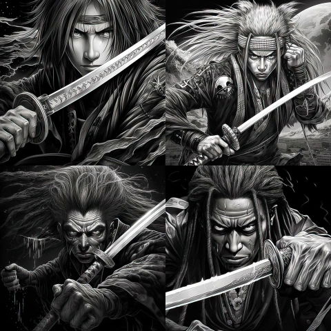 Four fierce samurai wielding swords in a dramatic black-and-white manga-style composition