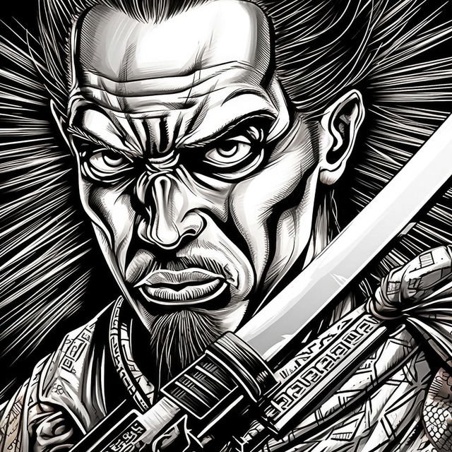 Close-up cyberpunk samurai wielding a sword in high-contrast black-and-white manga line art