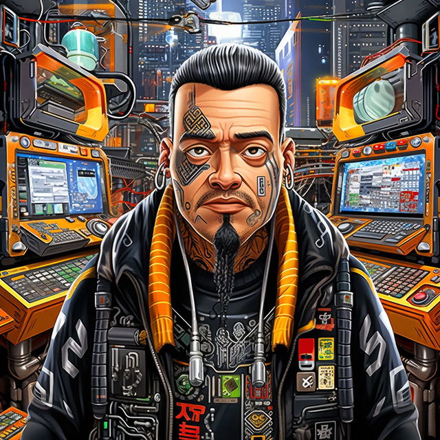 Tattooed cyberpunk character in a vivid comic-style palette, surrounded by glowing orange consoles