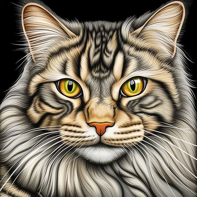 Close-up Maine Coon cat with intricate linework, golden eyes, and black, cream, and gray fur