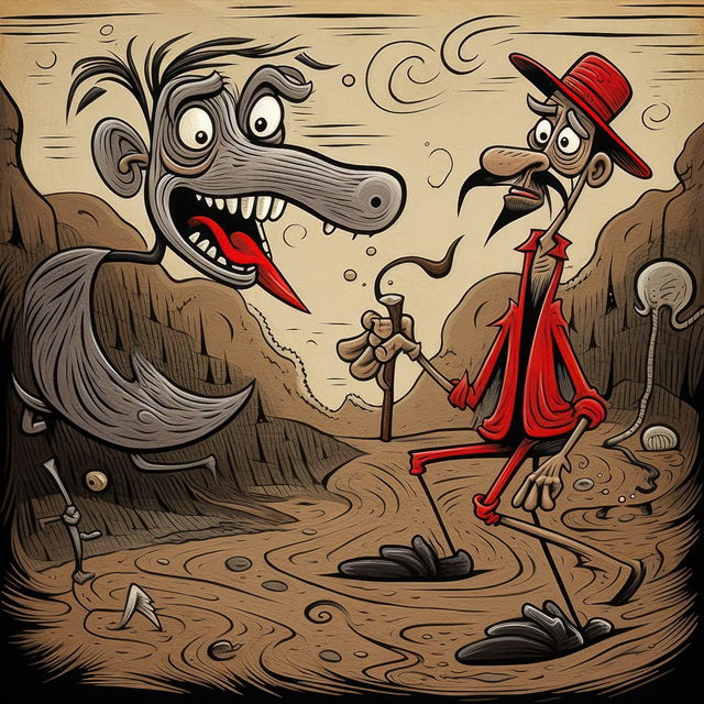 Chernobog with a long-snouted beast in a humorous inked cartoon, muted earth tones and red accents