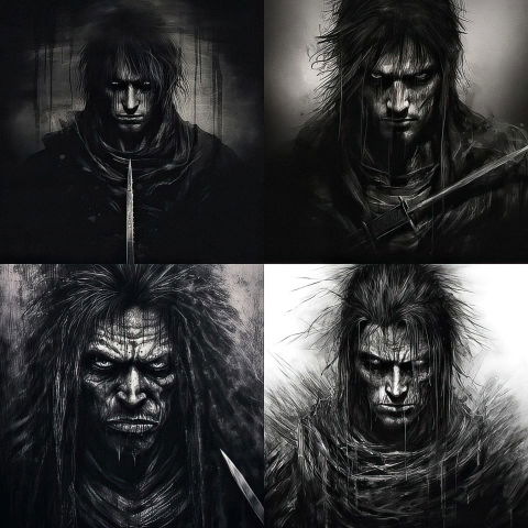 Four dark, long-haired warriors in gritty monochrome ink drawings with stark lighting