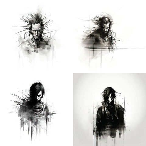 Four brooding anime-style warriors in monochrome ink sketches with splattered lines and soft light
