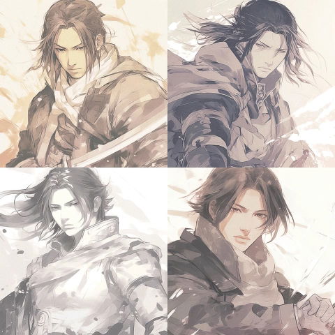 Four serious long-haired warriors in ink-and-wash anime portraits, muted beige and gray palette