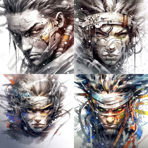 Four futuristic warrior portraits in dynamic ink-and-watercolor washes with muted and vivid accents