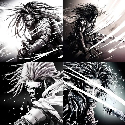 Four fierce sword-wielding warriors in high-contrast black-and-white manga-style ink art