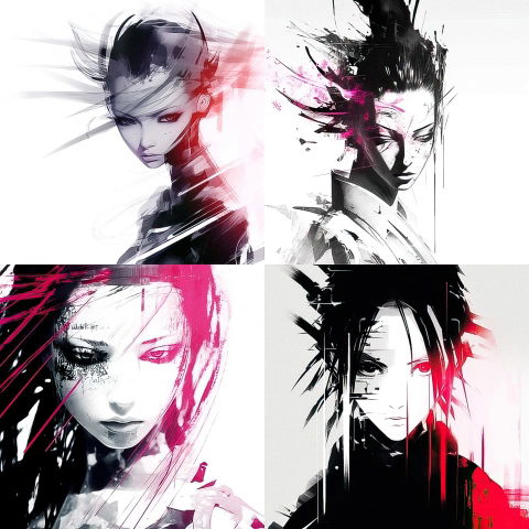 Four stylized female portraits with ink-splashed lines, black-and-white palette, and pink-red light