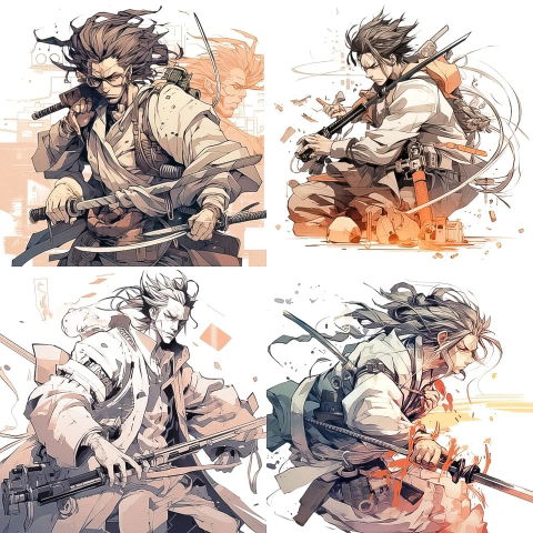 Four samurai warriors in dynamic anime ink illustrations with muted beige, gray, and orange accents