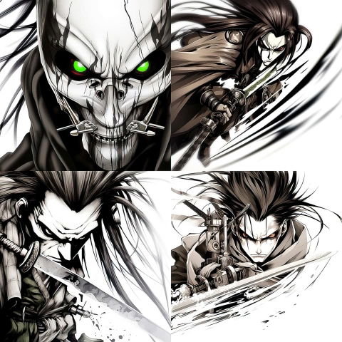 Four fierce samurai and skull warrior portraits in black-and-white manga ink with vivid green eyes