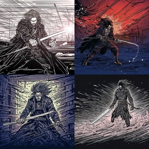 Four samurai wielding swords in comic-book ink art with monochrome and vivid palettes