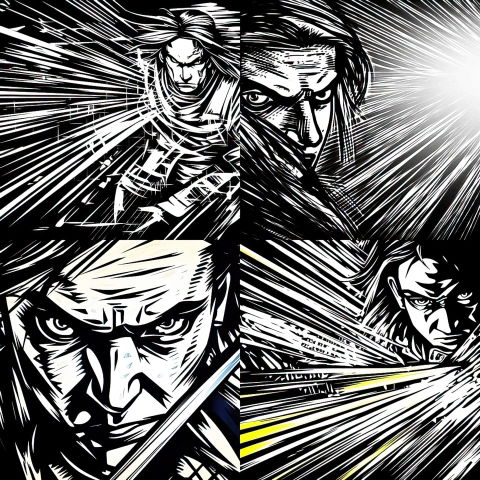 Four intense comic-style faces in black-and-white ink with sharp speed lines and yellow accents
