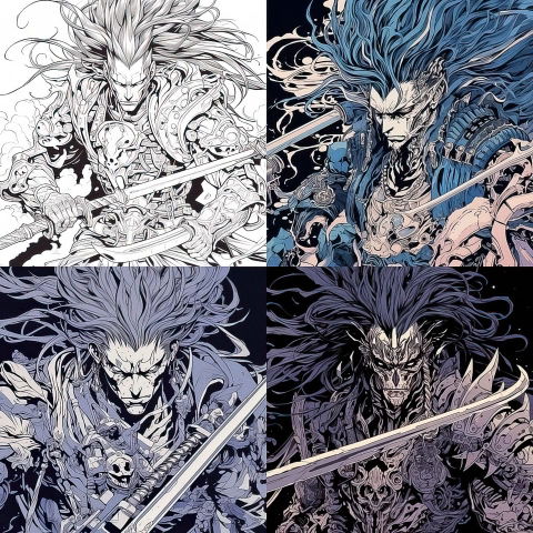 Four fierce armored warriors with swords in intricate monochrome and blue-purple fantasy line art