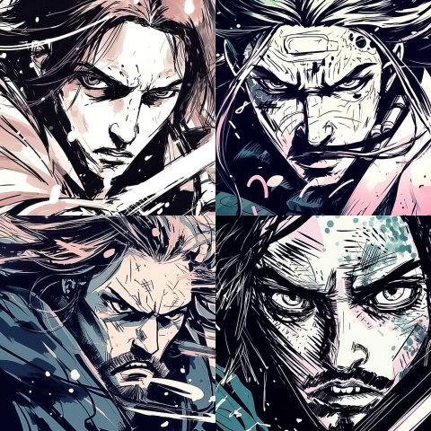 Four intense warrior portraits in manga-style ink, with pale pink, teal, black, and white tones