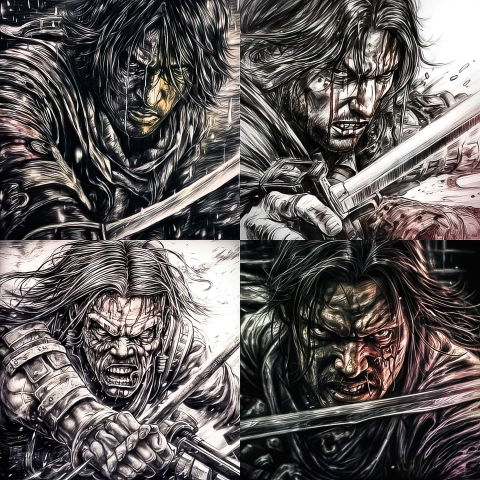 Four fierce long-haired warriors wielding swords in gritty black-and-white graphic-novel art with red and gold accents