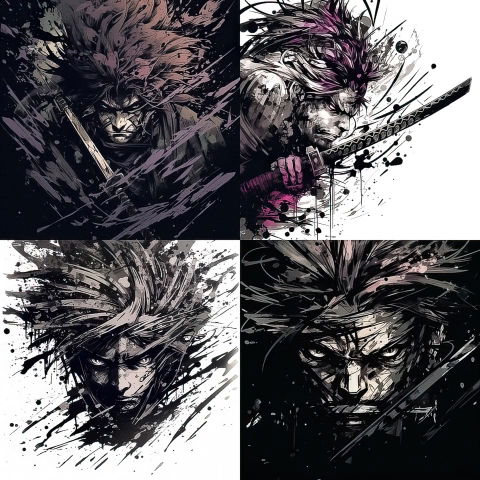 Four intense samurai portraits in dynamic ink-and-brush comic style, monochrome with purple accents