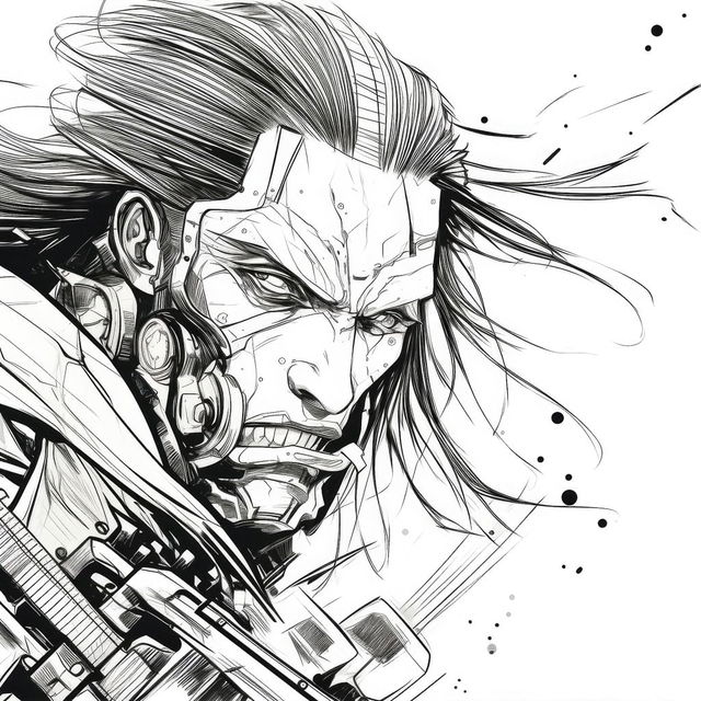 Cyberpunk samurai close-up in manga-style black-and-white pencil linework with heavy shadows