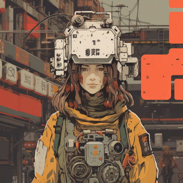 Cyberpunk female character in an illustrated style with muted colors and orange accents
