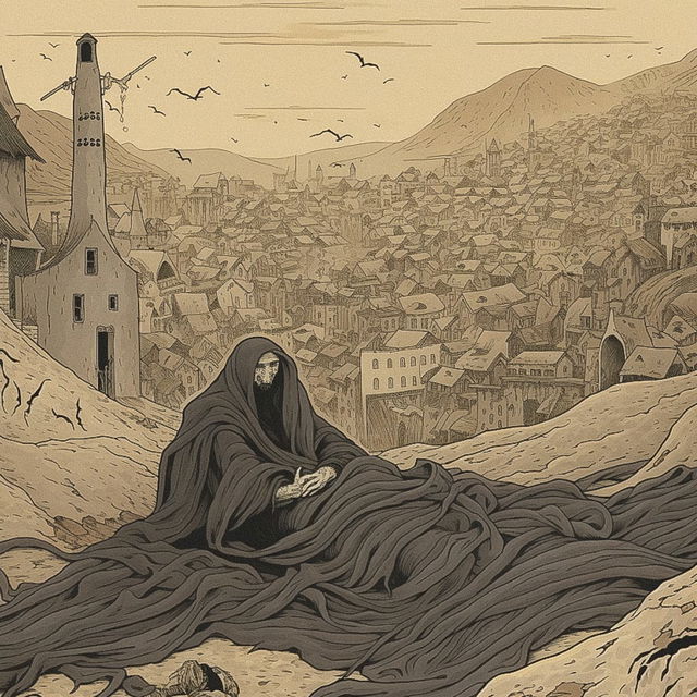 Hooded Nazgul overlooking a sleeping town in muted sepia ink illustration with fine linework