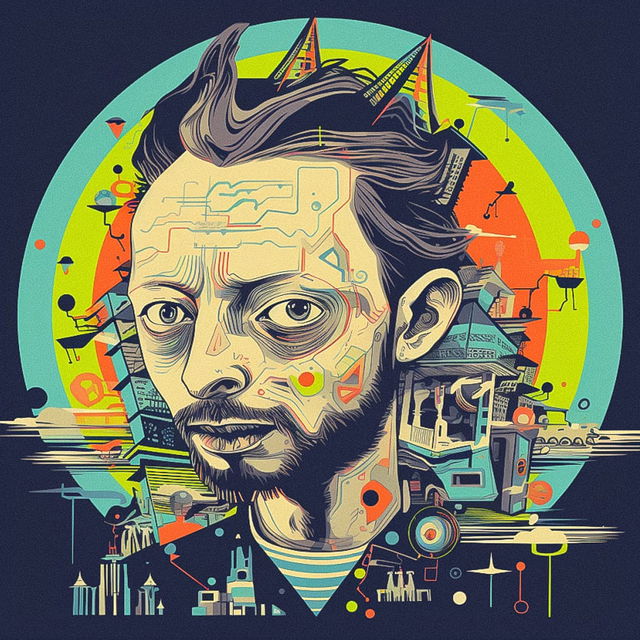 Thom Yorke portrait in a surreal graphic illustration with neon colors and bold linework