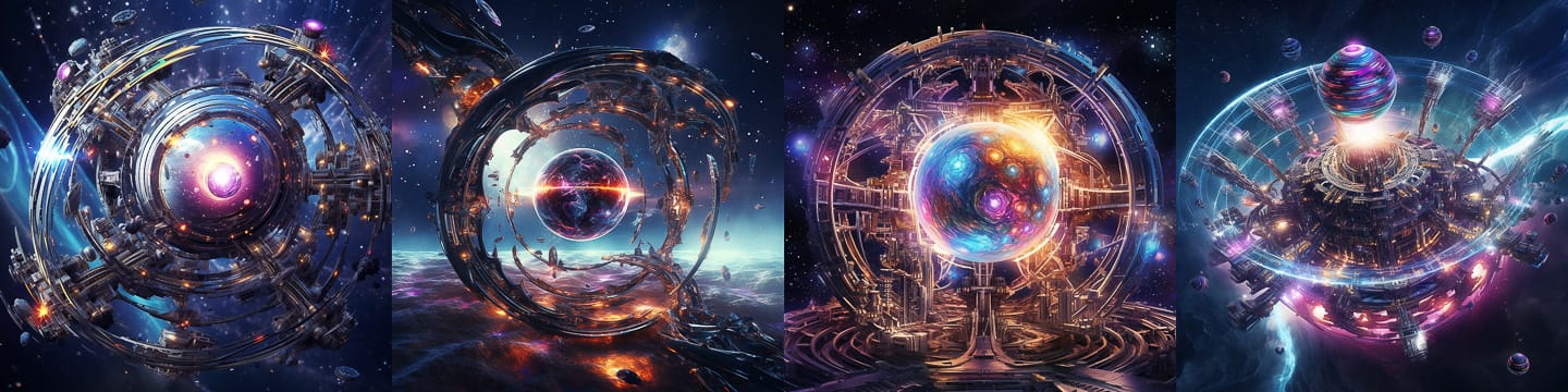 Space megastructures with rotating wheels in iridescent metal, psychedelic nebula, Midjourney V5.2