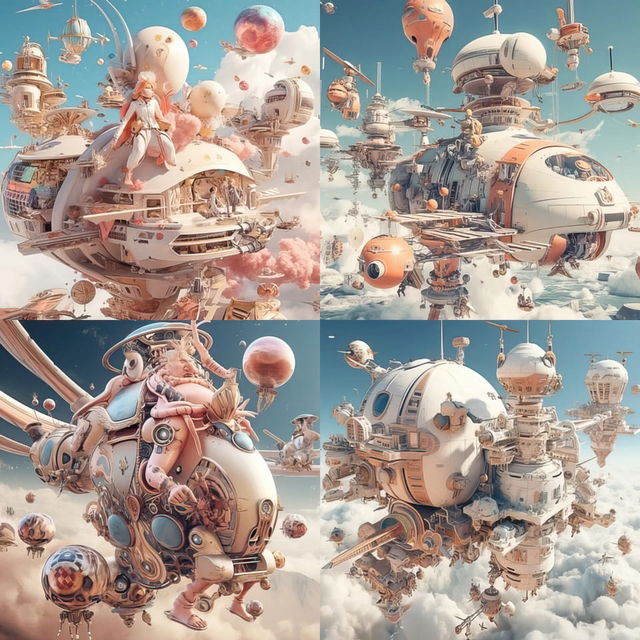 Floating spacecraft, planets, and travelers in pastel colors and bright light, figure 101