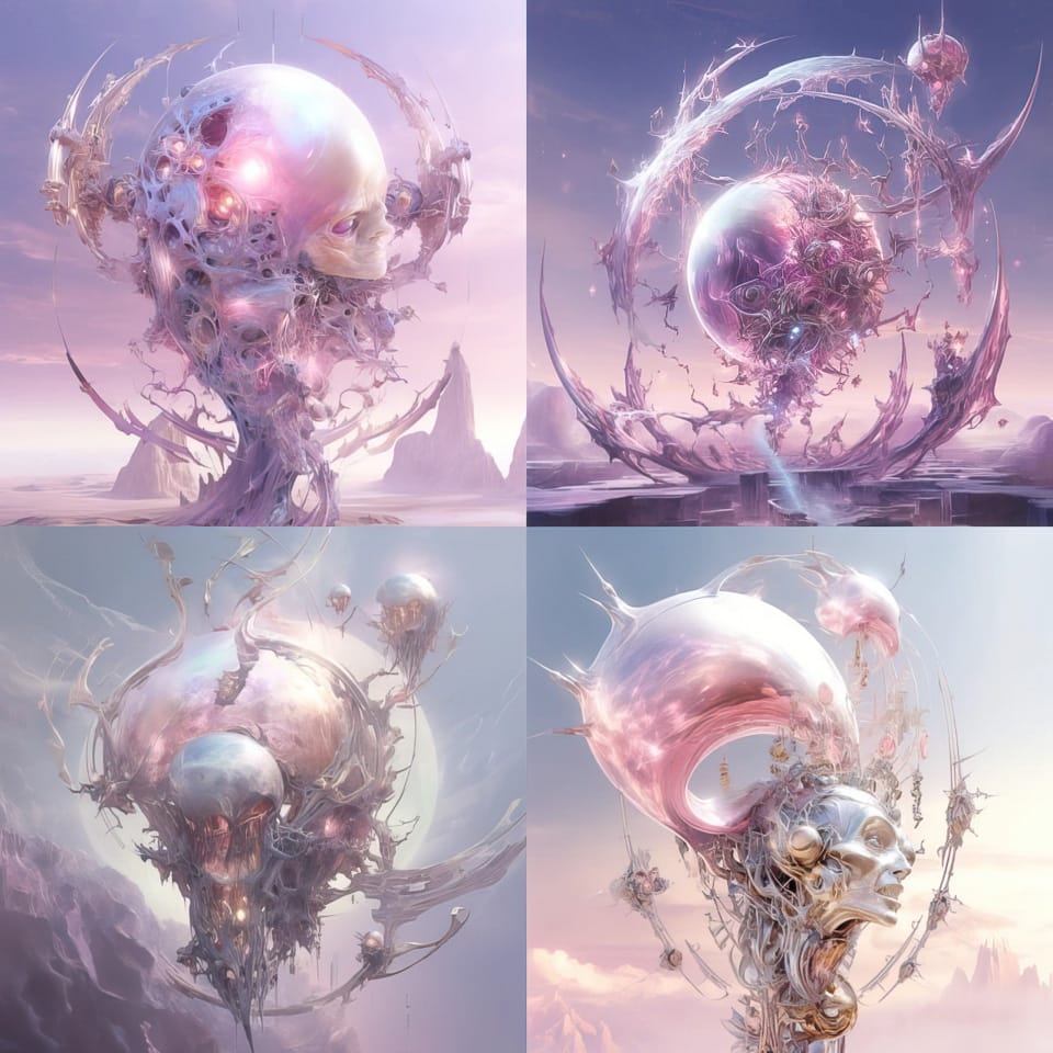 Surreal alien skulls with floating mechanical forms in pastel pink and lavender light