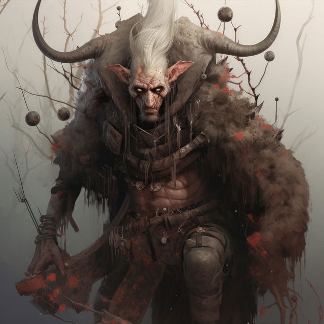 Chernobog, a horned goat-headed warrior in a dark, muted fantasy digital painting
