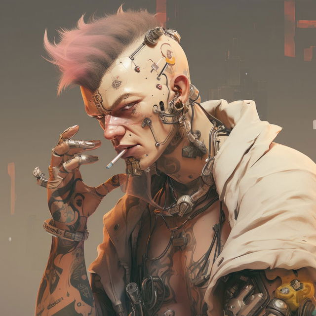 Cyberpunk character with a pink mohawk and cybernetic implants, warm muted digital illustration