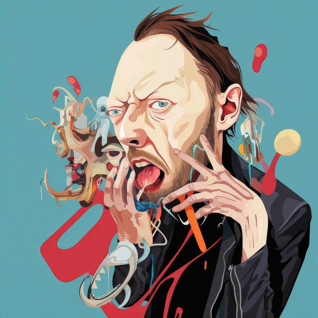Thom Yorke portrait in a surreal graphic illustration style with bold colors and flat light