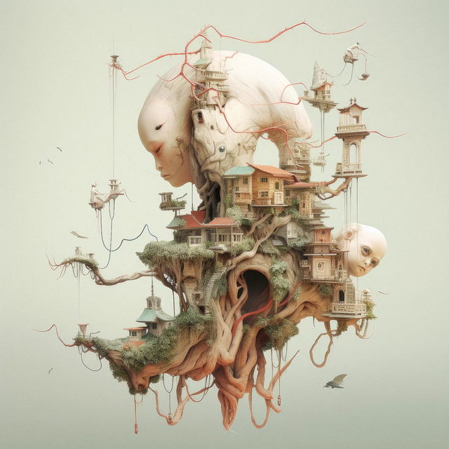 Bioarchitecture with human heads, tree roots, and floating houses in muted surreal detail