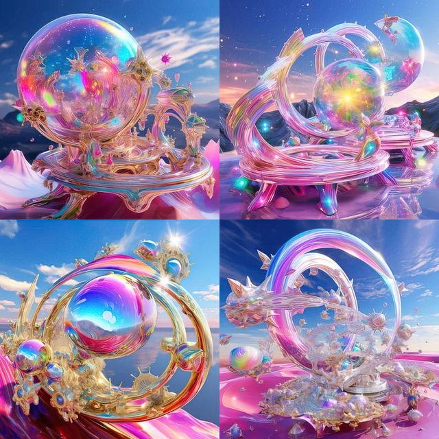 Four fantastical crystal orb sculptures with swirling forms, glossy pastel colors, and radiant light