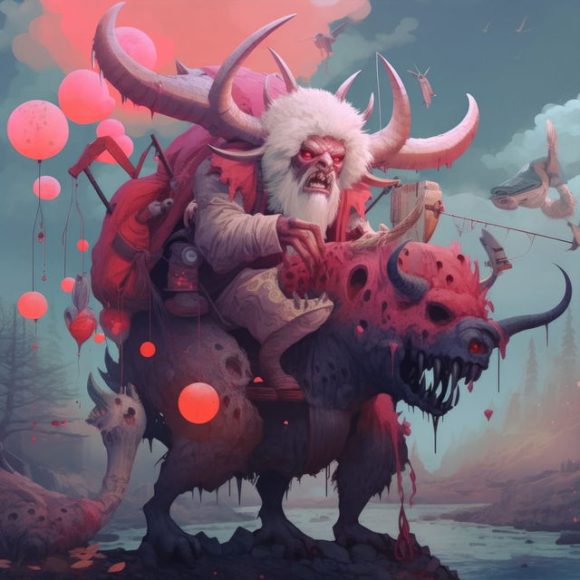 Horned beast carrying a white-haired demon, in dark fantasy digital art with pink-red accents