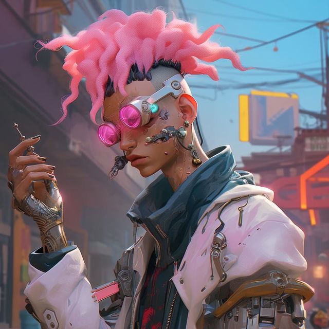 Cyberpunk character with pink hair and cybernetic implants, stylized digital art in neon light