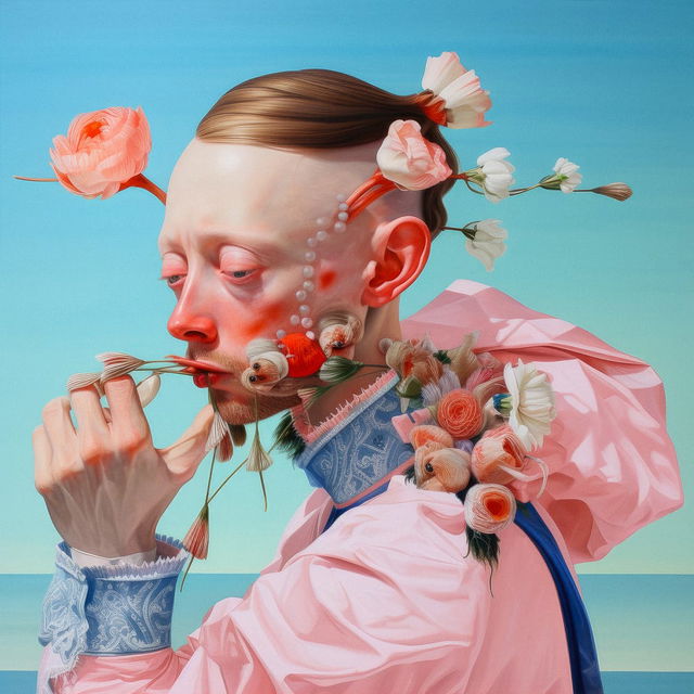 Floral-adorned man in a pink robe, surreal digital art with pastel colors and bright light