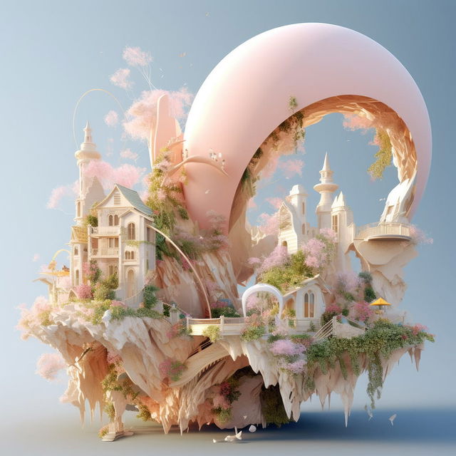 Floating fantasy city with churches and gardens, pastel digital art in soft daylight