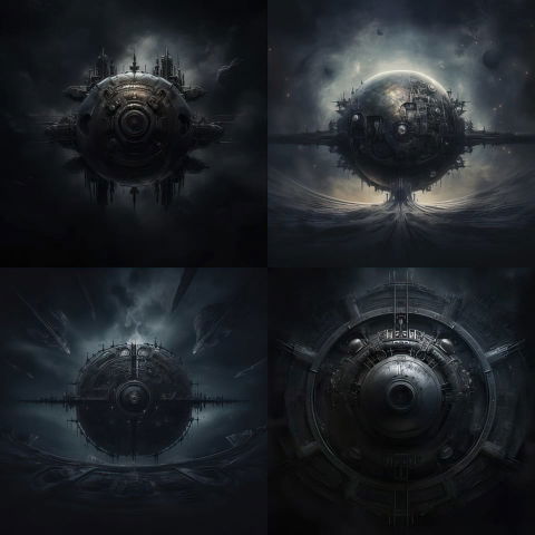 Four massive mechanical spheres in a dark sci-fi scene, metallic forms in smoky blue-gray light