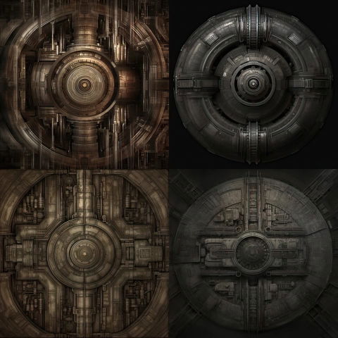 Four circular mechanical vault doors in a dark industrial illustration, with bronze and gray tones