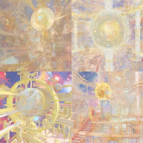 Futuristic celestial machinery and grand interiors in a pastel, luminous painterly style
