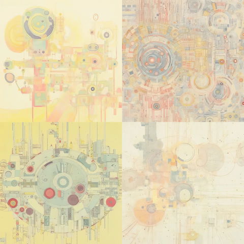 Abstract geometric composition with circular mechanical forms in pastel linework and soft light