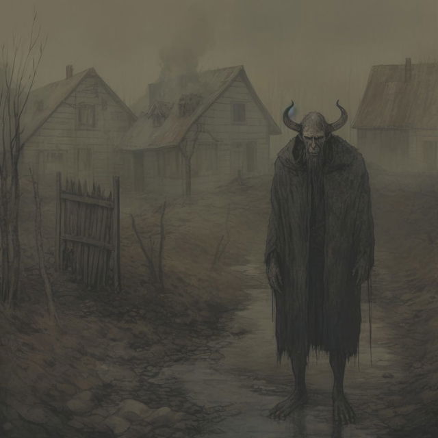 Horned Chernobog in a village, rendered in muted gray-brown tones with foggy light