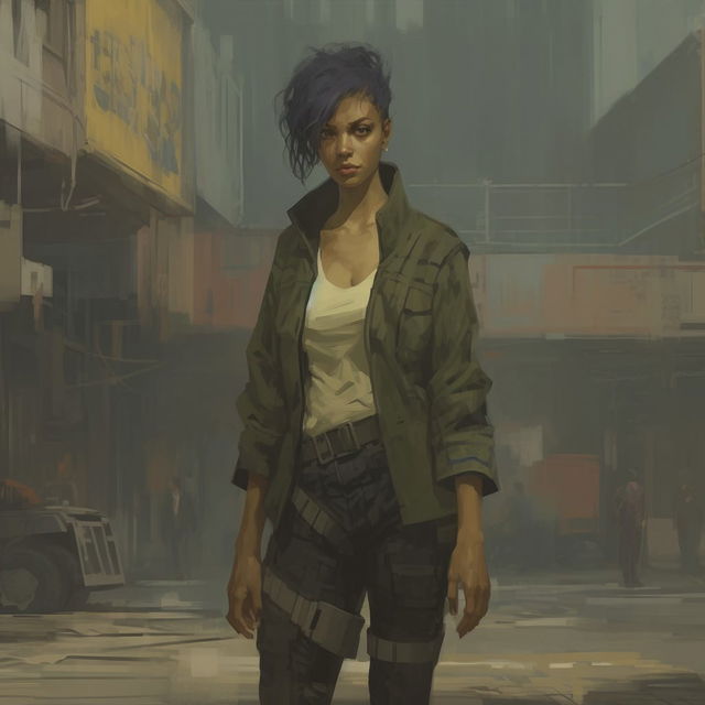 Cyberpunk woman in an urban alley, rendered in muted green-brown digital concept art with hazy light